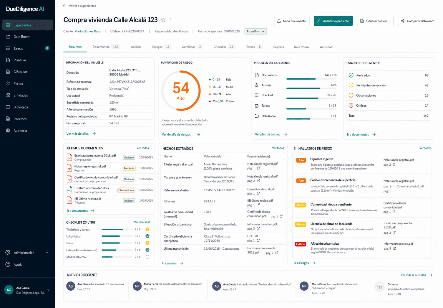 DueDiligence AI product dashboard showing case risk, documents and checklist